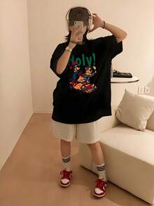 Women's 100% Cotton Short Sleeve T-Shirt | Cartoon Bear Print, Y2K Style, Loose Fit, Crew Neck Sweater, Comfortable Spring/Summer/Autumn Clothing - 黑色 - 查看 7