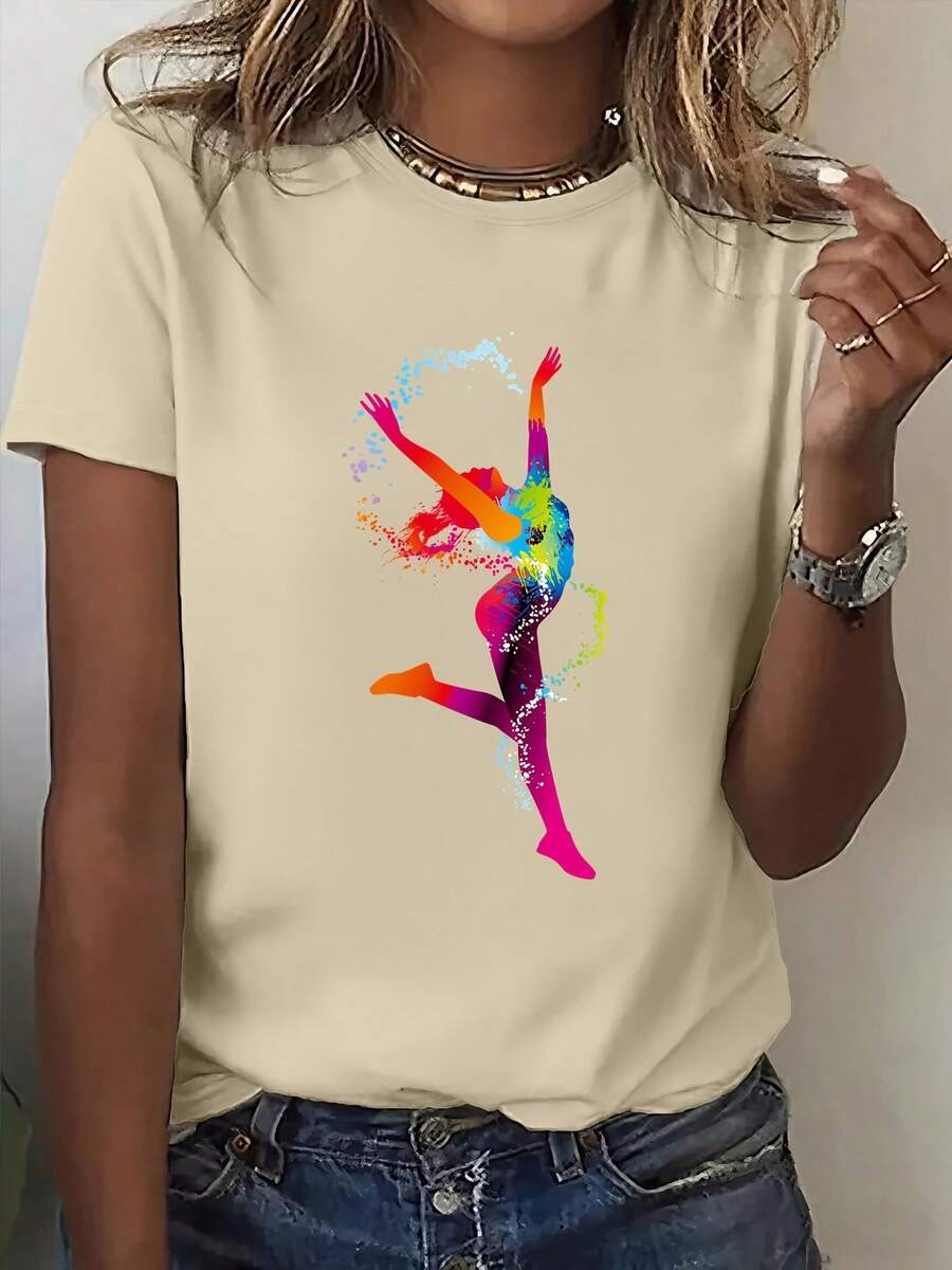 Camiseta con Estampado de Chica Bailando-Estilo Deportivo Casual y Moderno para Mujer - Albaricoque - Ver 1