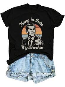 Camiseta de Mujer con Estampado de Figura Masculina Haciendo el Símbolo de Pulgar Arriba, Cuello Redondo Casual, Ideal para Uso Diario, Sencilla, Cómoda y Ajustada - Negro - Ver 2