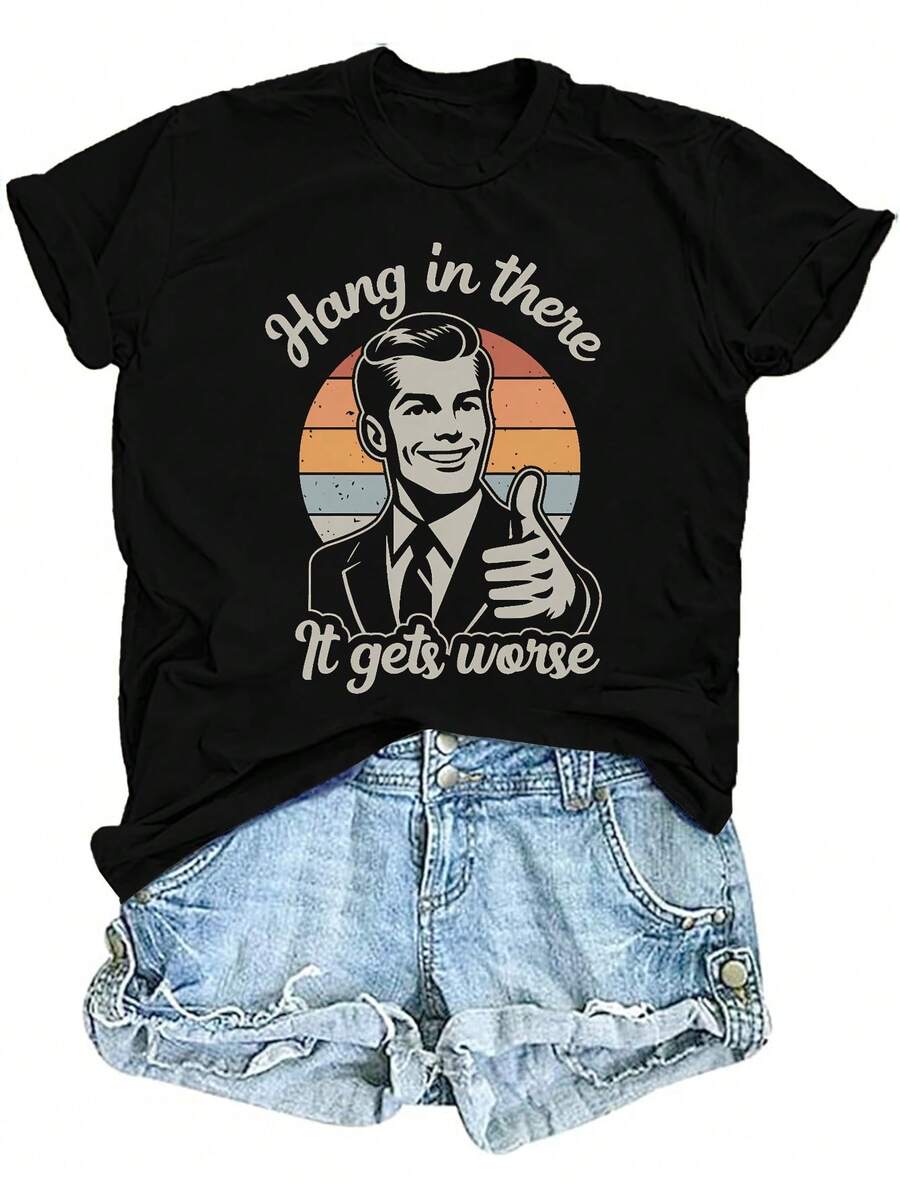 Camiseta de Mujer con Estampado de Figura Masculina Haciendo el Símbolo de Pulgar Arriba, Cuello Redondo Casual, Ideal para Uso Diario, Sencilla, Cómoda y Ajustada