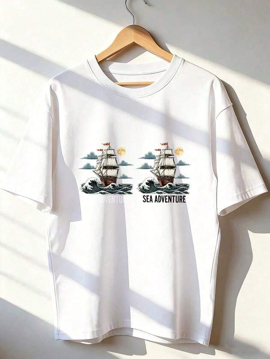 Short-Sleeve T-Shirt With Maritime Adventure Theme, Fashionable Short-Sleeve T-Shirt For Spring And Summer 2026, Made In Mexico, 180 Grams. Cartoon Print, Couple Design, Suitable For Indoor Or Outdoor Wear. Crew Neck, Unisex, Ideal For Office And Leisure. One-Piece Pack. - WH-P631577SLNDXZGY526 - 查看 1