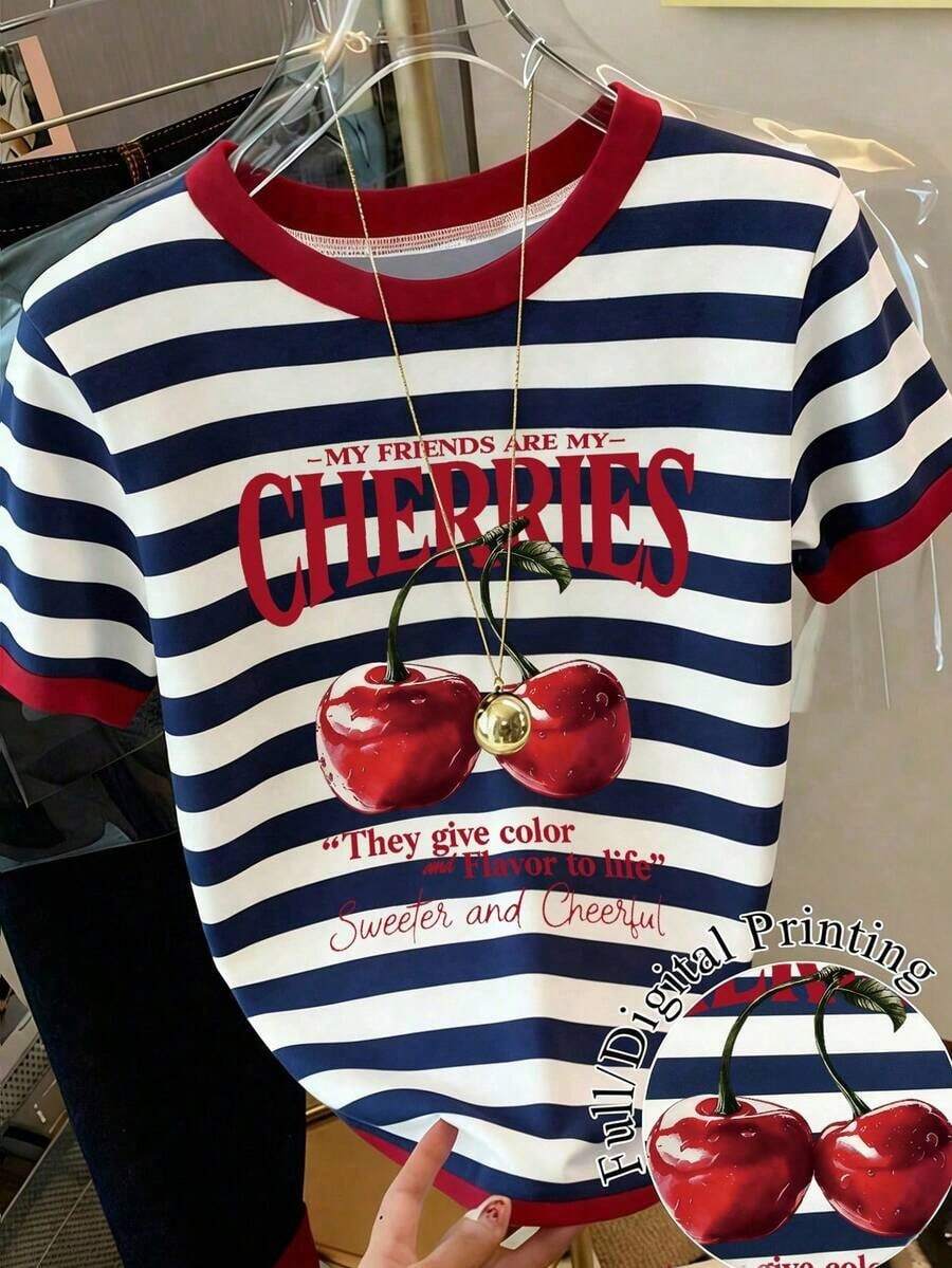Camiseta de manga corta de verano con cuello redondo, estampado de cereza y rayas, de estilo casual para mujer - Multicolor 2 - Ver 1