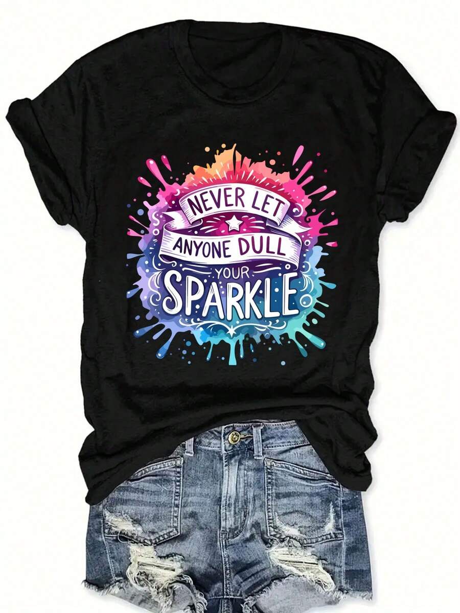 Fashionable Women'S T-Shirt With Short Sleeves And A Round Neck Featuring Letters - 黑色 - 查看 1
