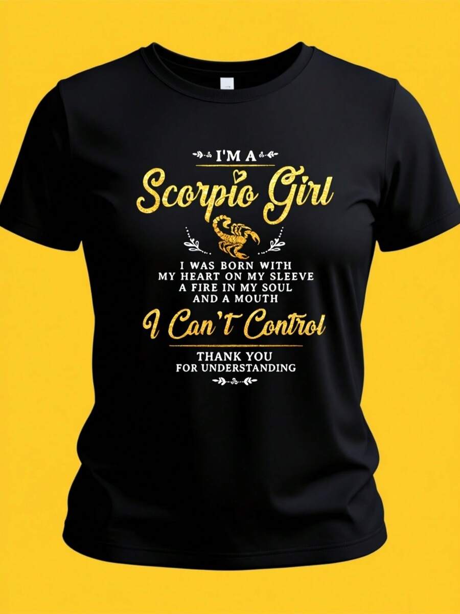Scorpio T-Shirt - Comfortable Crew Neck Top With Alphabet Design - Washable In Machine, Length, Casual Summer Attire For Ladies - Black - View 1