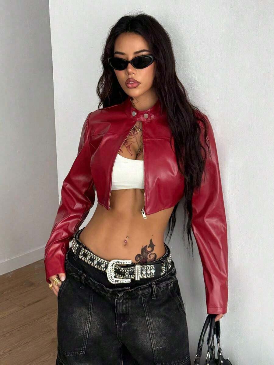Abrigo corto de manga larga con cremallera, ajustado, de cuero, cómodo, para uso diario, estilo rave, hippie, athleisure, Y2K, para mujer - Rojo - Ver 1
