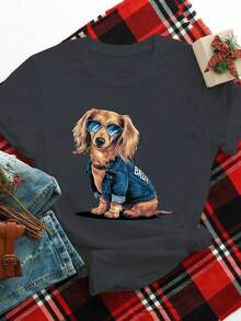 Women's Plus Size Casual T-Shirt With Fun Dachshund Graphic Wearing Glasses, Short Sleeve, Polyester, Black, Crew Neck, Machine Washable, Perfect For Casual Outfits, Ladies' T-Shirts - 黑色 - 查看 1