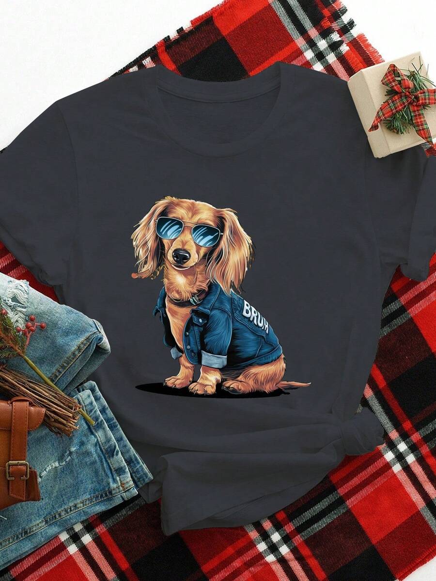 Women's Plus Size Casual T-Shirt With Fun Dachshund Graphic Wearing Glasses, Short Sleeve, Polyester, Black, Crew Neck, Machine Washable, Perfect For Casual Outfits, Ladies' T-Shirts - 黑色 - 查看 1