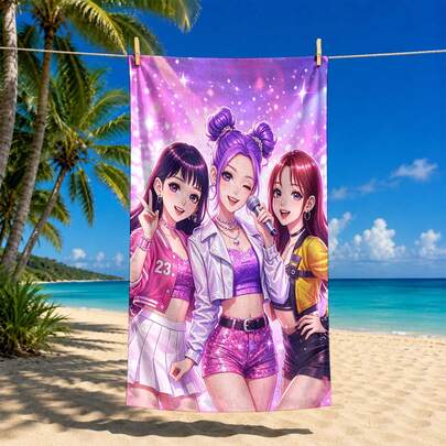 1 pieza Toalla de playa con gráfico de grupo de chicas idol de K-Pop, suave y de secado rápido, a prueba de arena y sol, adecuada para la playa, natación, viajes, fitness, baño y talla grande escenarios