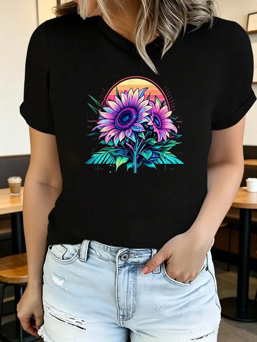 Soft Summer T-Shirt For Women With Cat And Dog Paw Prints And Heart Designs, Fashionable And Casual, Machine Washable, Comfortable Fit, 2D Flat Print, Elegant Blouses For Women. - 黑色4 - 查看 1