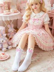1/2/4 Pairs Women's Handmade Cute Rabbit Ear, Bowknot, Lolita Style Mid-Calf Socks - Multicolor - View 8