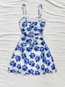 Nuevo vestido mini de verano con estampado floral rosa plisado de punto, para playa, estilo occidental, festival, atuendo de verano, bohemio - Azul y blanco - Ver 2