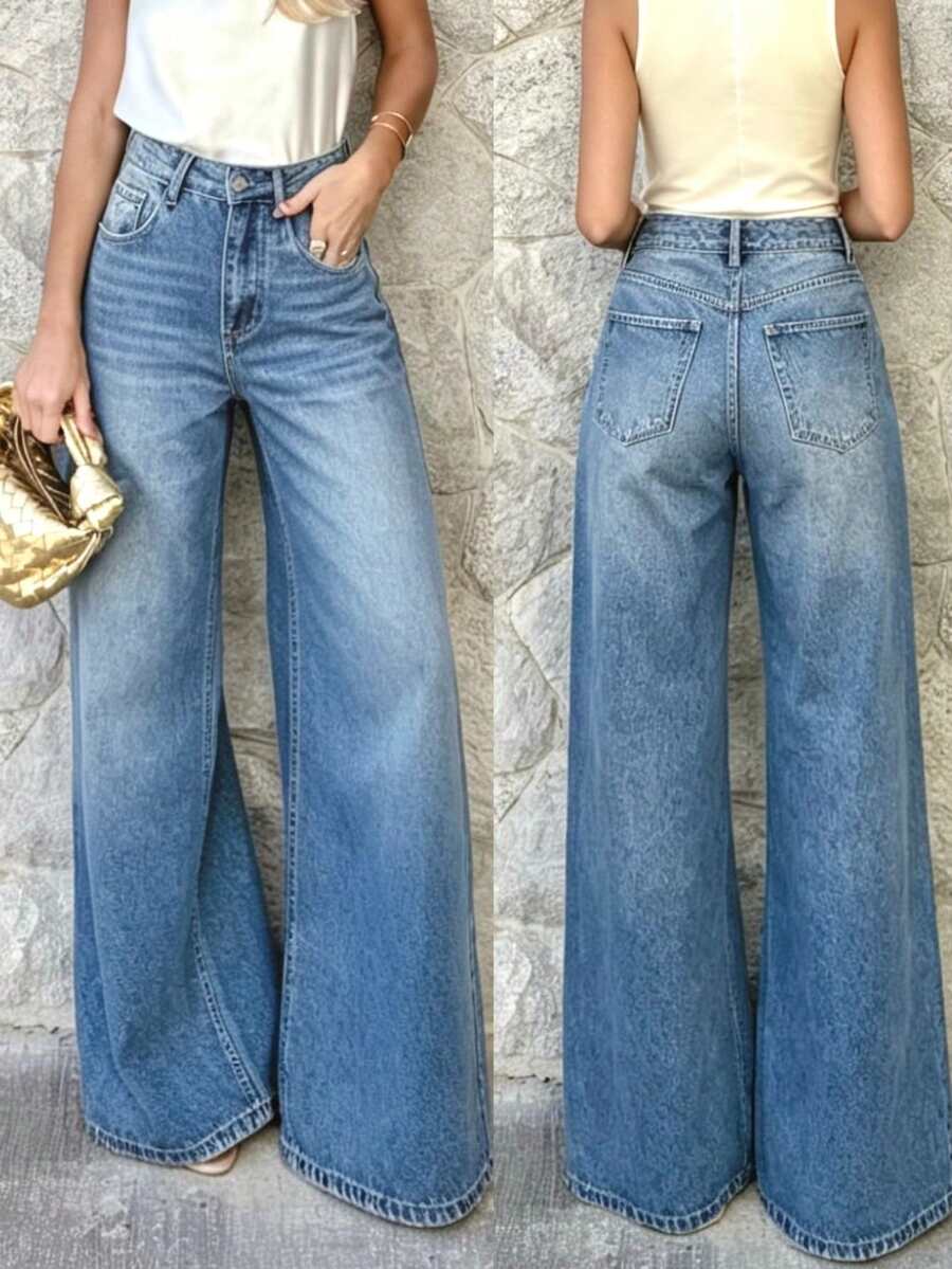Quần jeans ống rộng nữ kiểu dáng thường ngày, quần dài denim thanh lịch có túi, thích hợp cho công sở, ngày của Mẹ. - Màu xanh lam - Xem 1