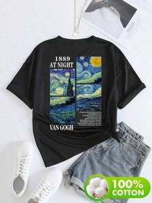 Camiseta de Mujer de Cuello Redondo y Mangas Cortas Diseño Pintura Van Gogh incluye algodón - Negro - Ver 6