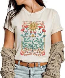1 Piece Casual Fashion For Men And Women Vintage Boho Floral Flower Print T-Shirt Graphic Short Sleeve T-Shirt Versatile, Easy To Match, Suitable For Daily Wear, Street Style, Holiday Outfits, Weekend Outfits. - 米色-5 - 查看 1