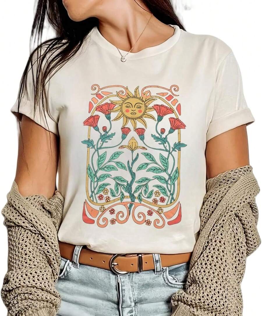 1 Piece Casual Fashion For Men And Women Vintage Boho Floral Flower Print T-Shirt Graphic Short Sleeve T-Shirt Versatile, Easy To Match, Suitable For Daily Wear, Street Style, Holiday Outfits, Weekend Outfits. - 米色-5 - 查看 1