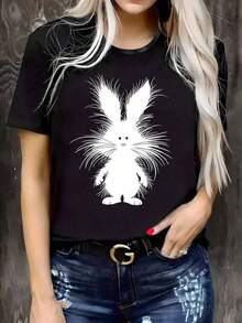 Plus Size Women's Casual T-Shirt With Cartoon Rabbit Print, Perfect For Easter And Outdoor Activities In Spring And Summer. This Black Blouse Has Short Sleeves, A Round Neck And Is Machine Washable. - Black - View 2