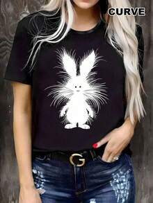 Plus Size Women's Casual T-Shirt With Cartoon Rabbit Print, Perfect For Easter And Outdoor Activities In Spring And Summer. This Black Blouse Has Short Sleeves, A Round Neck And Is Machine Washable. - Black - View 7