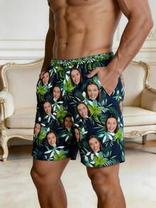1Pc Men Custom Face Photo Tropical Leaf Floral Pajama Shorts Personalised Male Night Wear Sleepwear Beach Shorts Gift For Husband - Multicolor - View 2