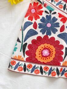 Este nuevo mono mini con estampado floral tropical sin espalda y adornos metálicos es perfecto para fiestas, citas, el Día de San Valentín, Pascua, carnavales, té de la tarde, playas, cruceros, vacaciones en la ciudad, estilos bohemios, patrones florales románticos y otras ocasiones. - Azul - Ver 4