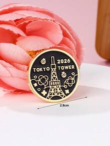 1pc Cartoon Enamel Tokyo Tower & Flower Brooch Pin, Fashion Accessory Suitable For Daily Wear, Gifts And Festivals - Black - View 4
