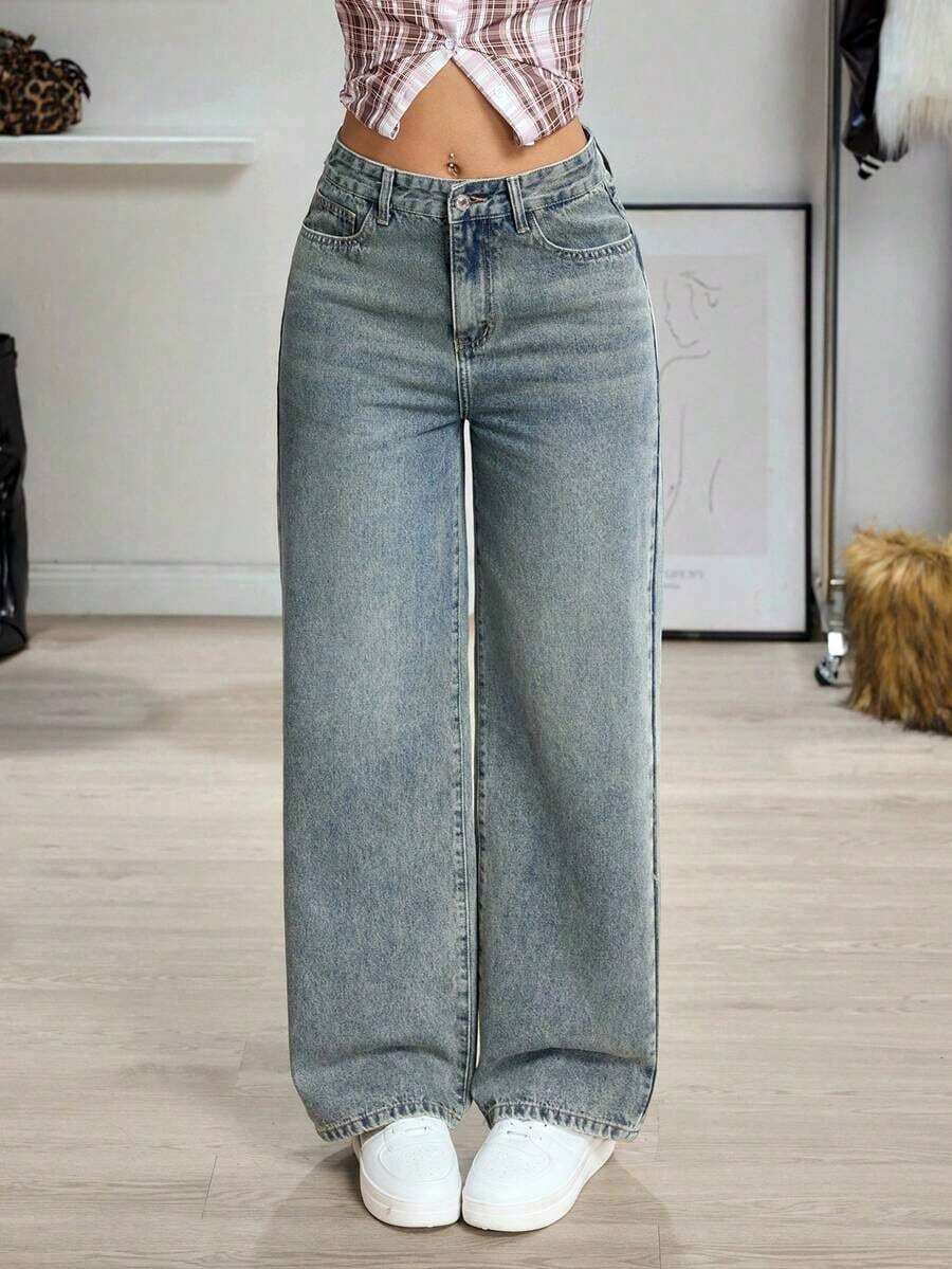 Jeans de mezclilla de unicolor minimalista para uso diario de mujer - verde menta - Ver 1