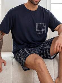 加大码男士休闲睡衣套装，圆领短袖上衣和短裤，轻盈舒适的夏季家居服 - 彩色 - 查看 3