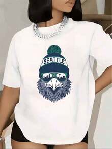 Women's T-Shirt With Seattle Eagle Print, Hat And Sunglasses, Short Sleeve, Round Neck, Casual, Streetwear, 220g - 白色的 - 查看 5