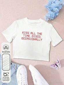 Women's  Graphic Print Short-Sleeve T-Shirt, Y2K Style, Featuring A "Kiss All The Time Disco Occasionally" Print, Crew Neck, Short Sleeves, Casual Summer Style,  Album Tour Concert T-Shirt. Simple Everyday T-Shirt - 白色 - 查看 4