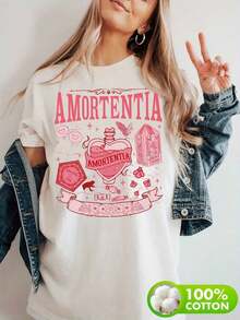 Ropa de Mujer, Camiseta de Primavera y Verano con las Palabras 'AMORTENTIA' y Elementos Mágicos Relacionados Impresos, Material, Lavable a Máquina, Moda de Primavera, Ropa Casual, Diseño Mágico, Tela de Algodón Puro, Textil Duradero, Camiseta Básica, Camiseta de Cuello Redondo, Jóvenes Mujeres, Entusiastas de la Moda Urbana - Blanco - Ver 7