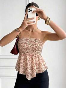 Top bandeau con volantes y estampado de leopardo, top sin tirantes, top de estilo vacacional sexy y elegante para mujer - Multicolor 2 - Ver 7