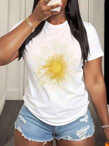 Women's Daisy Flower Print T-Shirt, Casual Summer Short Sleeve Round Neck Graphic Design Top For Daily Wear And Holiday Outfits, 220g - 白色 - 查看 7