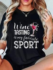 Camiseta Casual Estampada para Mujer |   La cata de vinos es mi estampado favorito, camiseta de verano negra de manga corta y cuello redondo para mujer. - Negro - Ver 1