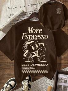 Y2K Style, Modern Style, The Newest Of 2026, Cute Style, Casual Style. Women's Espresso Coffee Club Graphic Print Crew Neck Short Sleeve T-Shirt, Summer Casual, 180g (Sizes S-XXXL). - 布朗 2 - 查看 1