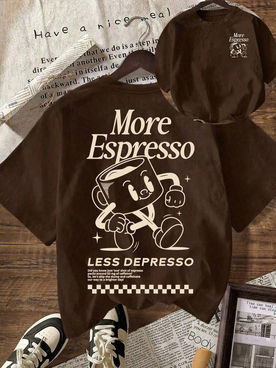 Y2K Style, Modern Style, The Newest Of 2026, Cute Style, Casual Style. Women's Espresso Coffee Club Graphic Print Crew Neck Short Sleeve T-Shirt, Summer Casual, 180g (Sizes S-XXXL). - 布朗 2 - 查看 1