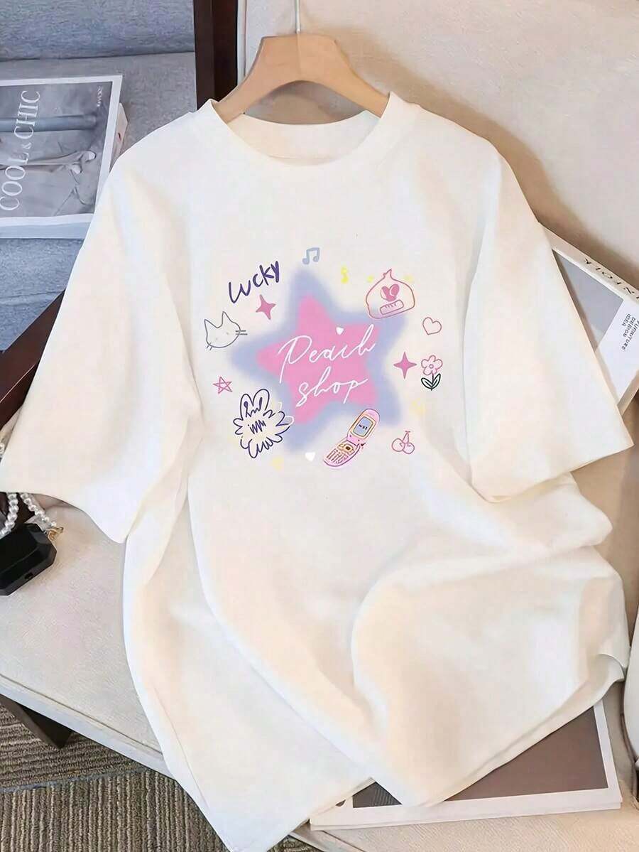 Women's Top - Basic White T-Shirt - Soft Graffiti "Lucky Day Parking" Cat And Star Pattern - Loose Casual Non-Stretch T-Shirt For Spring, Summer And Autumn - Soft Material Suitable For Themed Events - 2026 - 白色的 - 查看 1