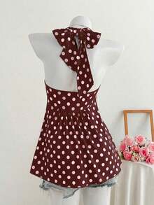 Top de tirantes con estampado de lunares marrones y detalle de nudo en la espalda para mujer, adecuado para verano, vacaciones de primavera, ceremonia de graduación, fiesta de boda, vacaciones elegantes, playa casual, estilo Y2K lindo y sexy y - Marrón - Ver 2