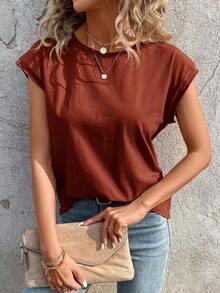 Camiseta casual de cuello redondo y mangas de murciélago - Color caoba - Ver 3