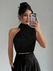 Blusa sin mangas de cuello alto de lino para mujer, blusa para ir al trabajo, camisa sin mangas asimétrica, adecuada para ir al trabajo, elegante, vacaciones, playa, estilo bohemio, Hawái, Día del Maestro, festival de música - Negro - Ver 3