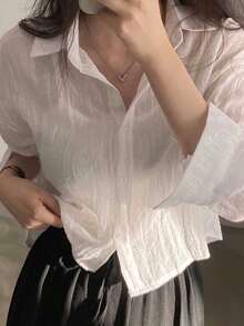 Women's Wrinkled Long Sleeve Blouses Loose Shirt With Sun Protection - 白色 - 查看 1
