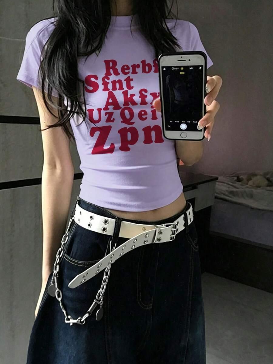 女款紅色字母印花短袖T恤,夏季性感修身短版設計上衣,休閒風 - 紫色 - 查看 1