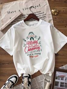 Christmas T-Shirt With "Merry Christmas" Text,  Short-Sleeved T-Shirt For Spring And Summer 2026, Made In Mexico, 180 Grams. Cartoon Print, Couple Design, Suitable For Indoor Or Outdoor Wear. Crew Neck, Unisex, Ideal For Office And Leisure. One-Pack. - WH-P631577SLNDXZGY561 - 查看 2