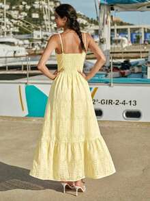 Vestido de tirantes informal de unicolor con bordado hueco para vacaciones de mujer - Amarillo - Ver 2
