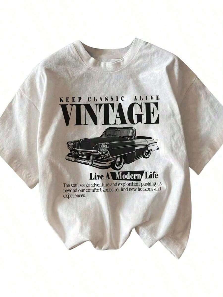 SimpieAndVersatileDesignCamiseta de algodón 100% para mujer, de manga corta, cuello redondo, corte holgado, con estampado retro, estilo casual de verano, con estampado de eslogan hip-hop, - Blanco - Ver 1