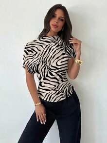 Blusa ajustada de estampado animal minimalista y casual con cuello fruncido, manga asimétrica y cintura fruncida, para mujer, para todas las estaciones - Multicolor 2 - Ver 8