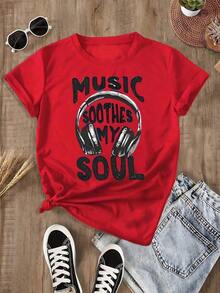 Premium Unisex Casual T-Shirts, Men's Plus Sizes, "Music Calms My Soul" (1 Piece), 100% Cotton Printed Casual T-Shirt, Crew Neck, Short Sleeve, 220g Cotton T-Shirt, For Going Out, Gift, Summer, Unisex - 紅色 - 查看 6