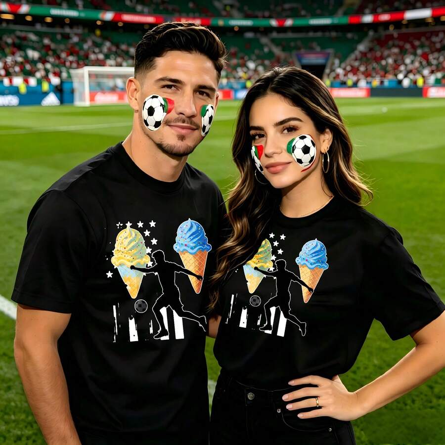 Couple Football Pattern T-Shirt, 100% Cotton, Loose Fitting, Soft And Breathable, Casual Round Neck Short Sleeved Top Ice Cream Soccer Player Stars Flag Printed Patterns, Dating, Leisure Travel, Gatherings, Simple Cartoon Printing Style, High Cost-Effectiveness Suitable For Watching Live Sports - 黑色 - 查看 1