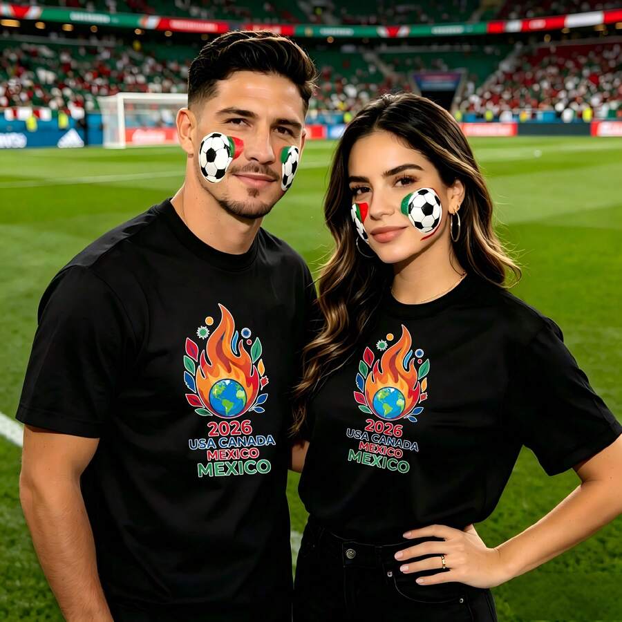 Couple football pattern T-shirt, 100% cotton, loose fitting, soft and breathable, casual round neck short sleeved top Flame Globe Usa Canada Mexico 2026 Printed patterns, dating, leisure travel, gatherings, simple cartoon printing style, high cost-effectiveness Suitable for watching live sports - Negro - Ver 1