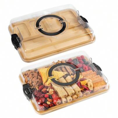 Bamboo Tray With Transparent Cover - Bamboo Sausage & Cheese Board - Divided Tray With Handle And Locking Lid - 5 Compartments - Snack Tray - Portable Serving Platter - Suitable For Parties, Outdoor Picnics, Camping And Gift Preparation