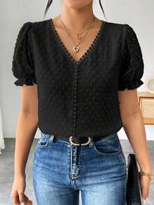 Blusa de gasa con estampado de lunares francés de moda para mujer, diseño elegante y elegante de manga corta con volantes para el verano - Negro - Ver 4