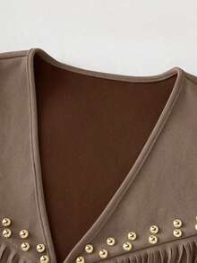 Chaqueta casual de mujer con flecos de gamuza, decoración de remaches, estilo bohemio, versátil para uso diario, vacaciones, trabajo, estilo francés elegante, sin mangas, beige, para principios de primavera/primavera y verano - Marrón Mocha - Ver 5